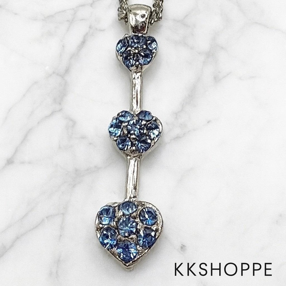 Silver Triple Heart Blue Rhinestone Romantic Necklace 15"‎ Sparkly